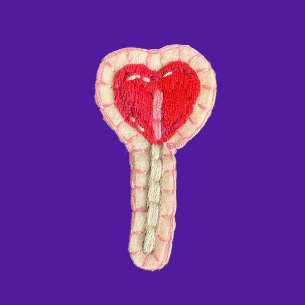 Embroidered Heart Lollipop Brooch by OK Artist Snotlobster