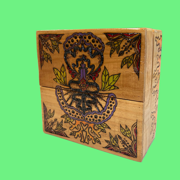 Organic Design Wood Burned Box w/Orange Coral Motif by OK Artist Impermanent State