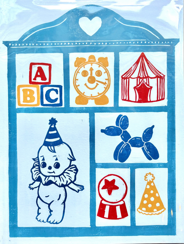 "Clown Trinket Shelf" Linocut Print by OK Artist Eliza Witty